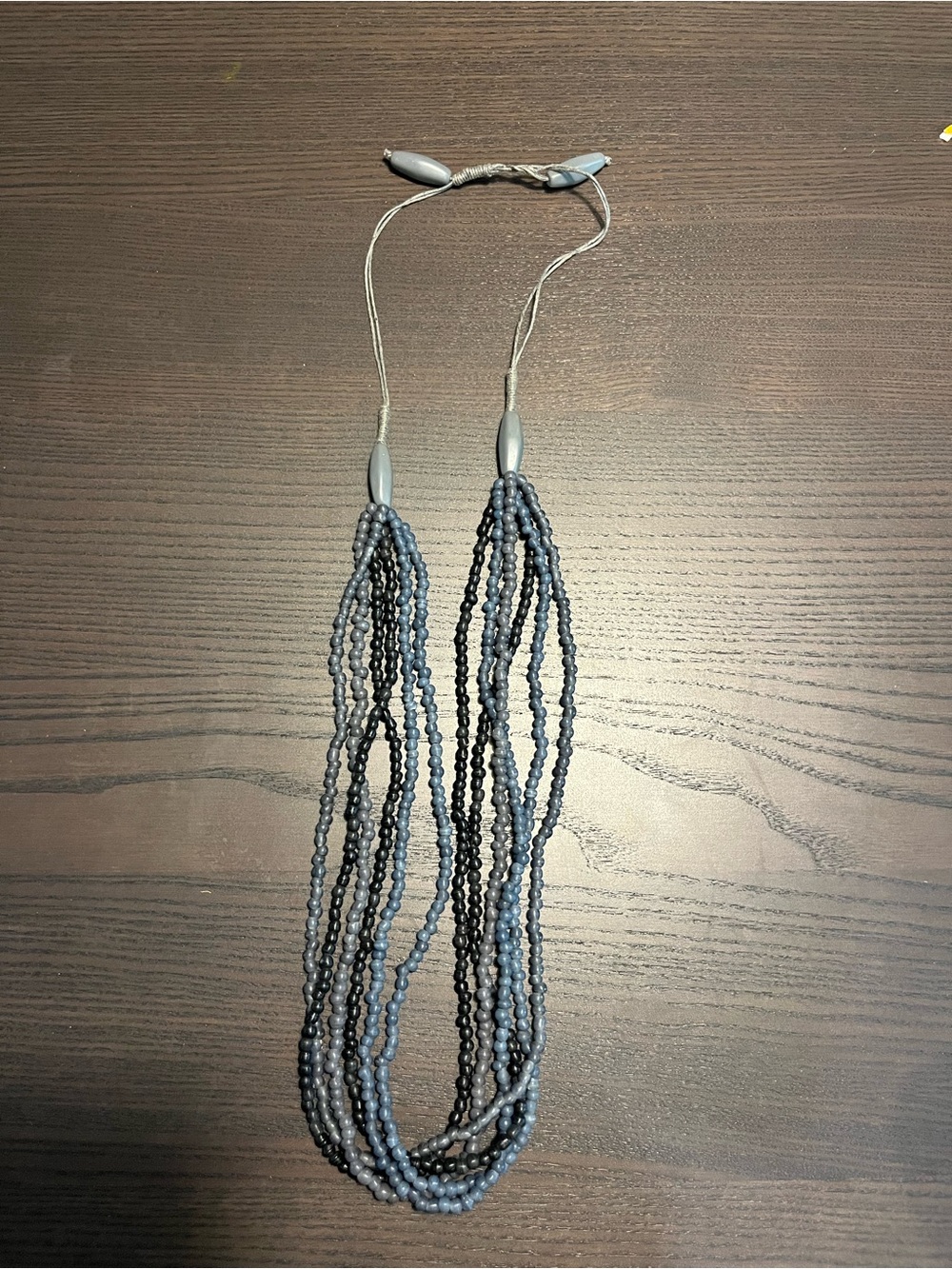 Multi Strand Beaded Statement Necklace Blue Gray Black Boho Artisan Adjustable
